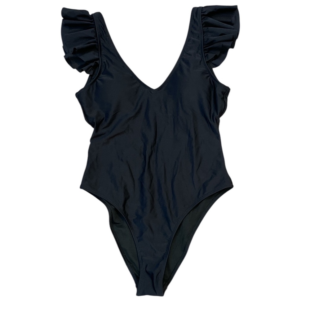 Shekini Black Ruffle Sleeve Swimsuit One Piece V-Neck Size Small